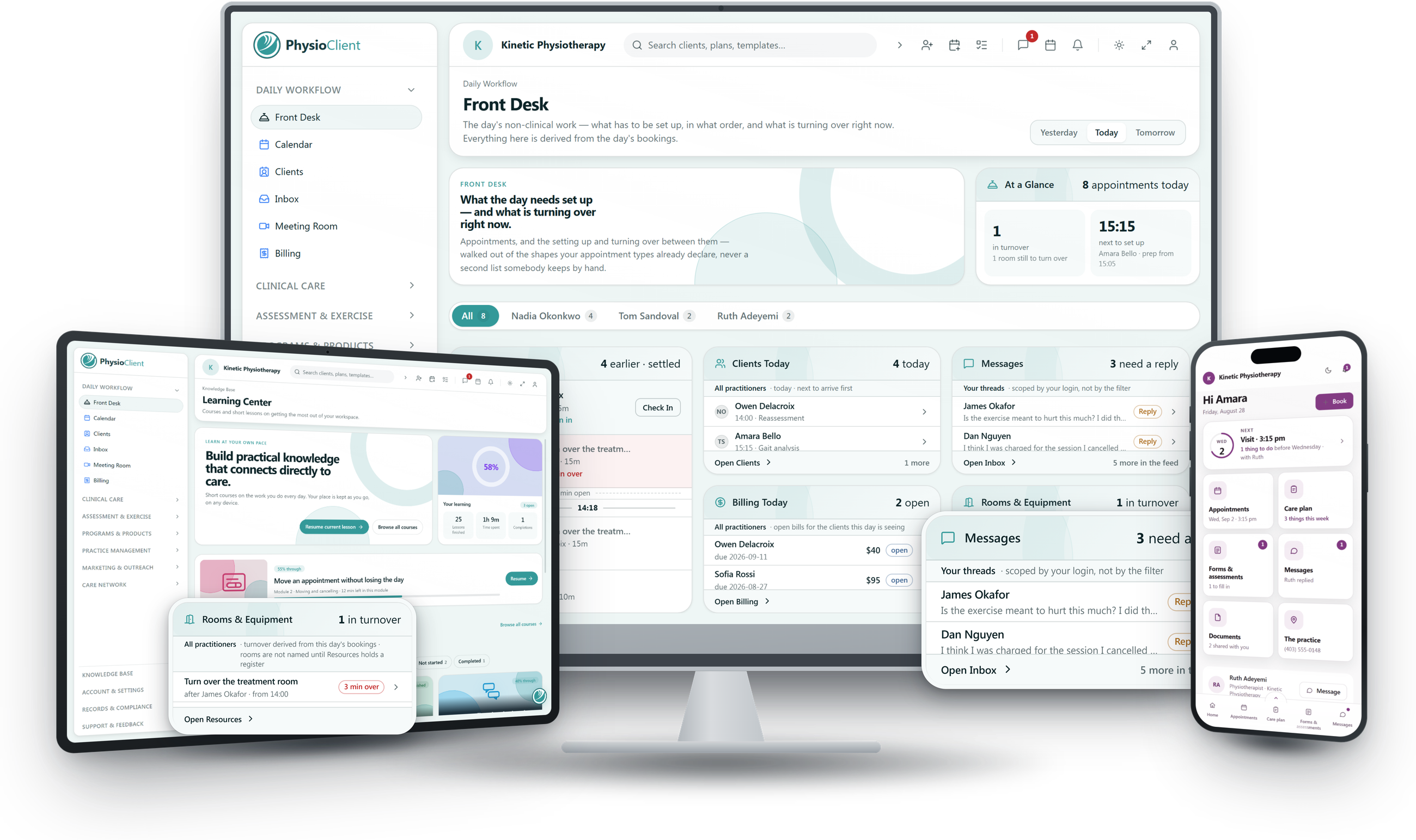 PhysioClient shown on desktop and mobile — the front desk view, calendar, client records and client-facing portal.
